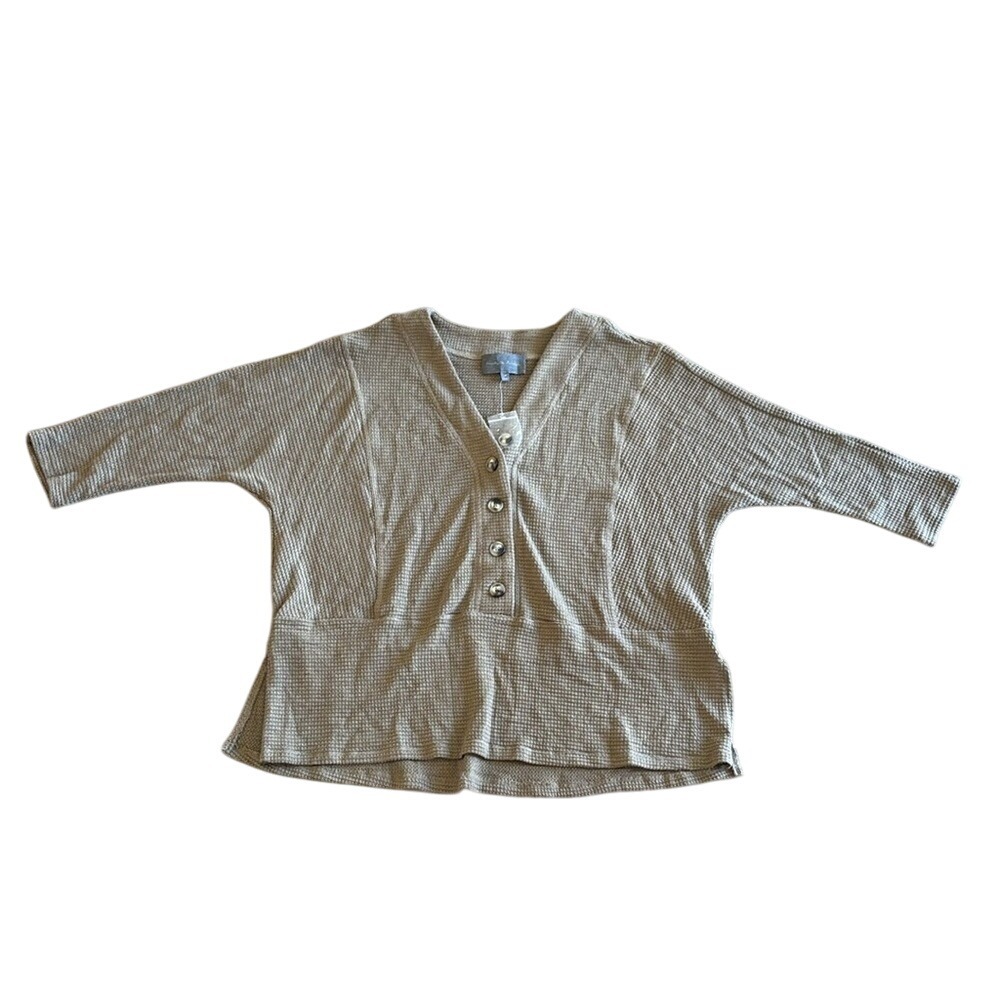 Anthropologie Waffle Knit Button Top Women's Size  Medium Green Soft‎ Earthy